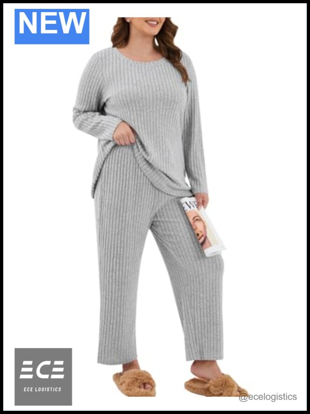 Womens Plus Size 2 Piece Pajama Set Ribbed Lounge Wide Leg Pants